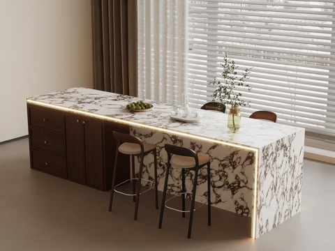 中古风岛台 餐桌椅su模型