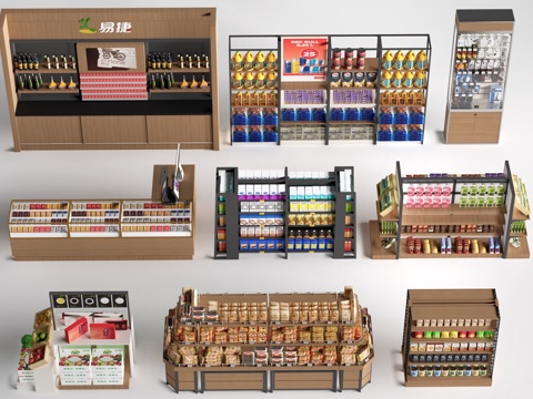 现代超市货架 零食店货架 置物架 文创展架su模型