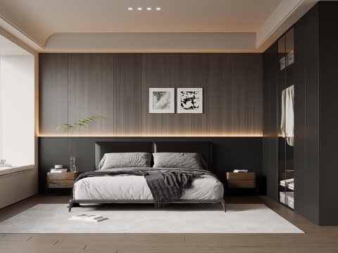  意式极简卧室 双人床 衣柜 主卧3d模型 