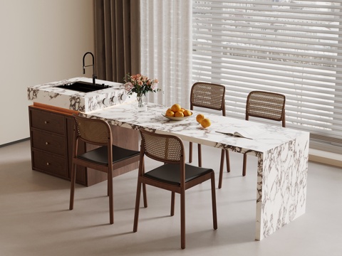 中古风岛台 餐桌椅su模型