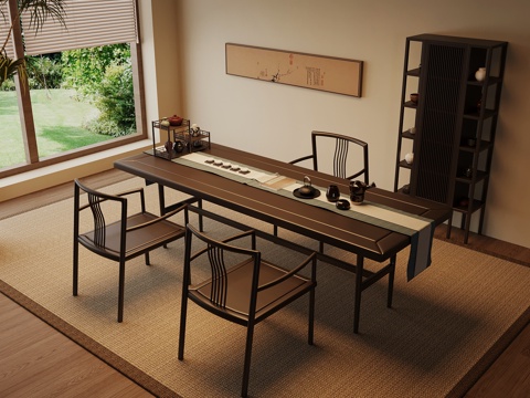 新中式茶室 茶桌椅 茶柜su模型