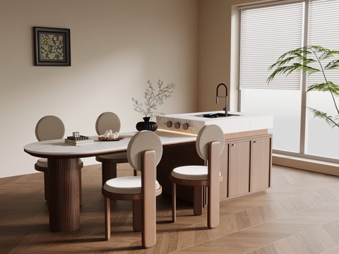  中古风岛台 餐桌椅3d模型 