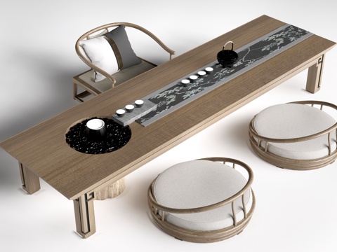 日式榻榻米茶桌 榻榻米座椅 茶室桌椅 榻榻米茶台su模型