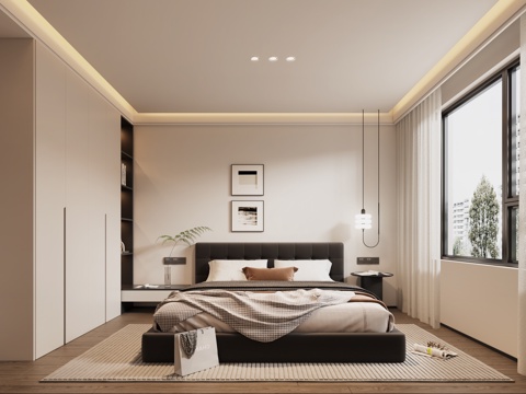  现代卧室 黑白灰卧室 现代无主灯卧室 黑白灰床3d模型 