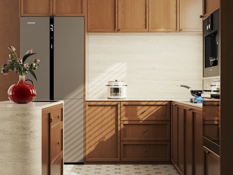  法式奶油风圆餐厅 岛台厨房 开放式厨房3d模型 