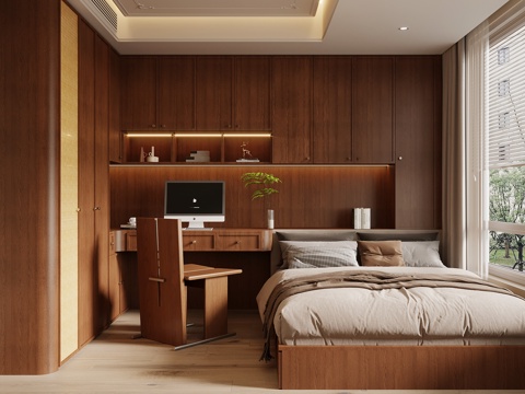 中古风榻榻米 卧室 书桌su模型