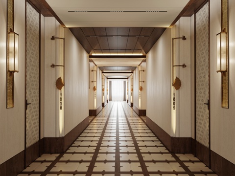  美式复古酒店过道走道3d模型 