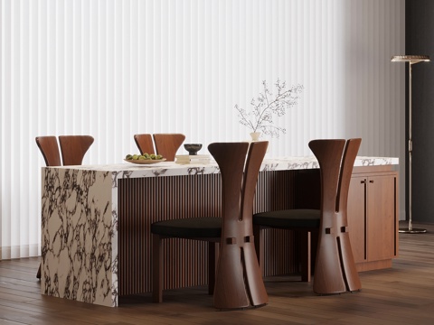 中古风岛台 餐桌椅su模型