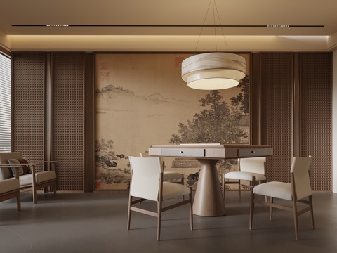  新中式棋牌室 麻将桌3d模型 