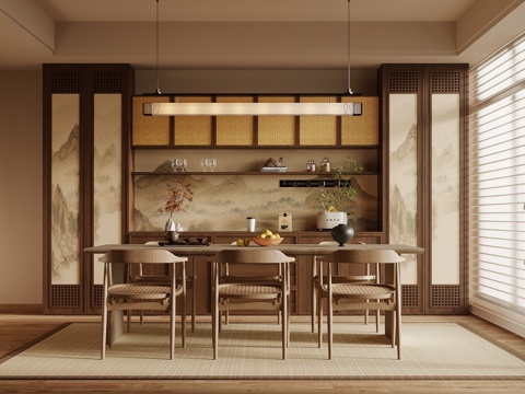  新中式餐厅 酒柜 餐边柜 餐桌椅3d模型 