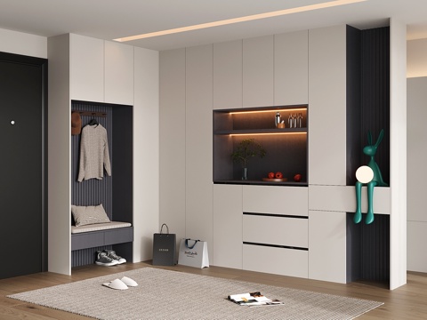 现代酒柜鞋柜一体柜 拐角鞋柜酒柜 鞋柜换鞋凳 酒柜免费su模型