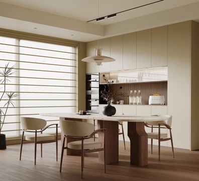 现代中古风餐厅 餐桌椅 餐边柜su模型