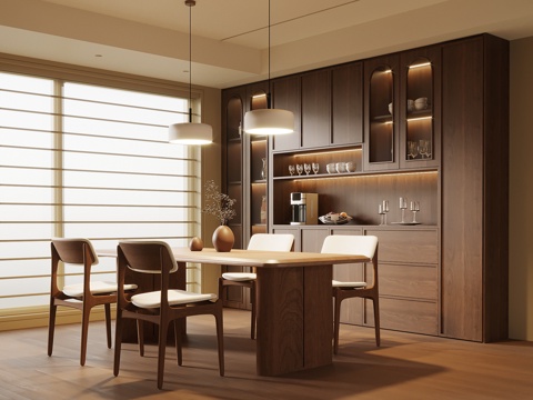  中古风餐厅 酒柜 餐边柜 餐桌椅3d模型 