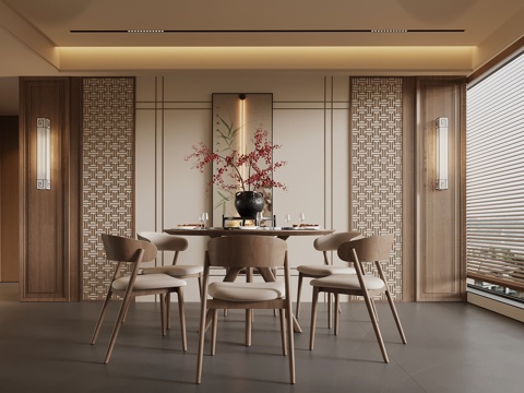 新中式餐厅 背景墙 实木圆桌su模型