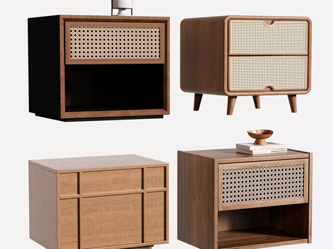 中古实木床头柜 侘寂藤编床头柜su模型