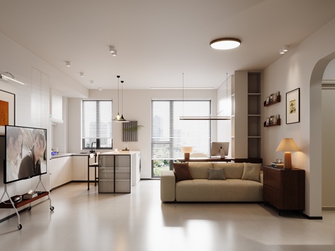  奶油风客餐厅3d模型 