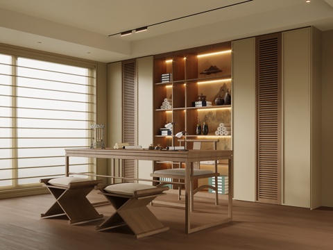 新中式书房 书柜 书桌椅su模型