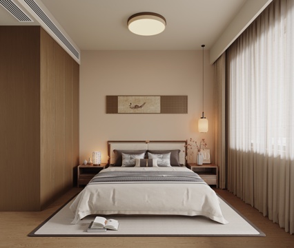  新中式卧室 宋式美学卧室 主灯卧室 次卧室 实木双人床3d模型 