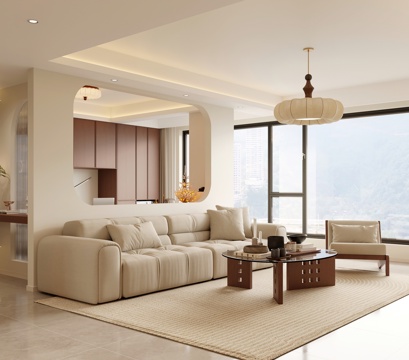  中古风客餐厅 书房 开放厨房 电视墙 玄关3d模型 