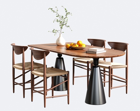  中古餐桌椅 圆弧长餐桌 餐椅3d模型 