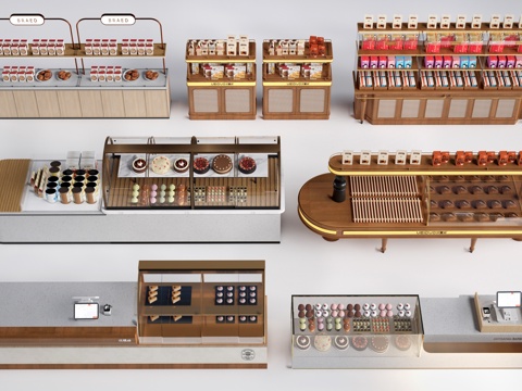 现代咖啡吧台 甜品店货架 收银台 服务台su模型