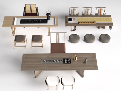 新中式茶桌椅 茶台 茶室桌椅su模型