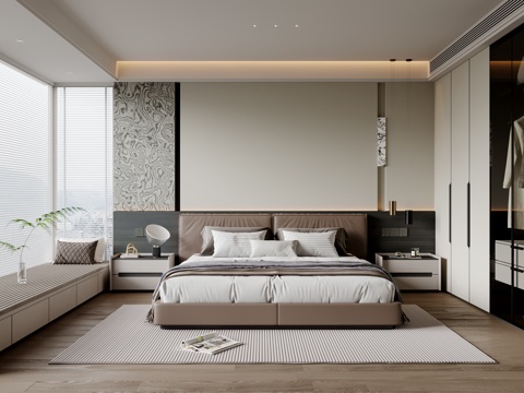  现代简约卧室 皮质双人床 床头柜 吊灯 衣柜 地毯3d模型 