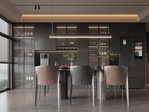 现代意式餐厅 酒柜 餐边柜 餐桌椅su模型