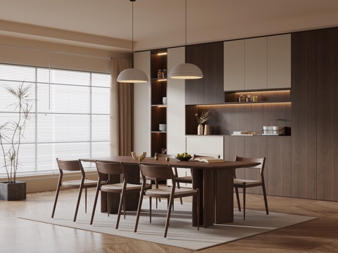 中古风餐厅 酒柜 餐边柜 餐桌椅su模型