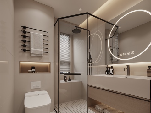  现代卫生间 洗手台 镜子 马桶 毛巾架 淋浴3d模型 