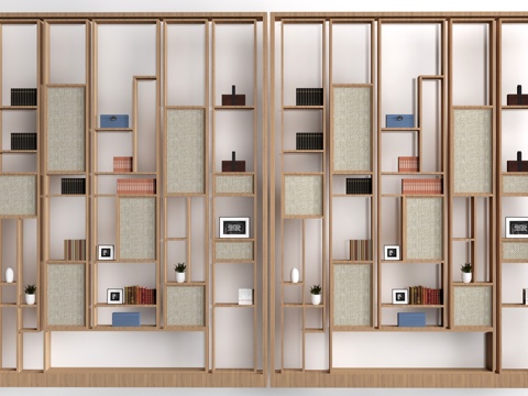 新中式书架 置物架 装饰架 隔断架su模型