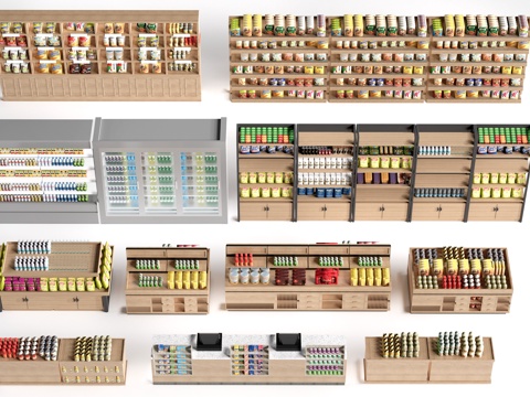 现代超市货架 零食店货架 置物架 文创展架su模型