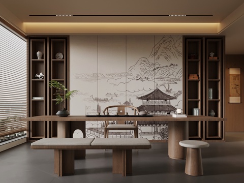 新中式茶室 茶桌椅 背景墙su模型