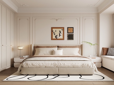  法式奶油卧室 双人床3d模型 