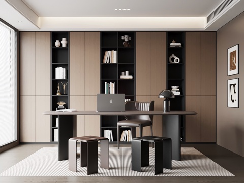  现代意式书房 书桌椅 书柜3d模型 