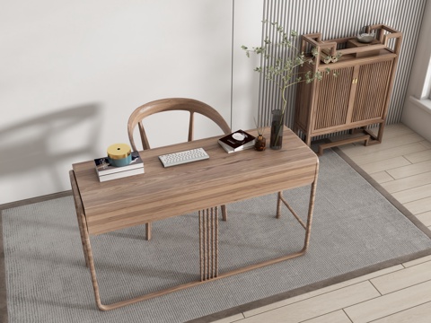 新中式书桌椅组合 摆件组合 书桌su模型