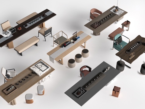 新中式茶桌椅 茶台 茶室桌椅su模型