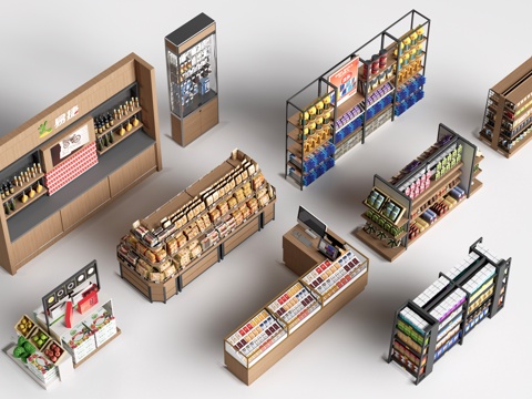 现代超市货架 零食店货架 置物架 文创展架su模型