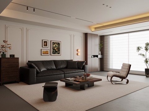 中古风客厅 沙发茶几组合 背景墙su模型