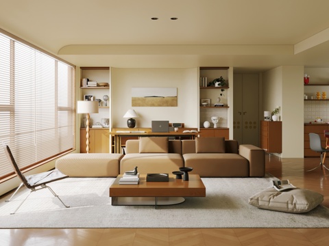  现代复古风客餐厅 横厅 中古风客餐厅3d模型 