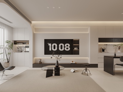  现代极简客餐厅 沙发组合 餐桌椅 厨房 黑白灰客餐厅3d模型 