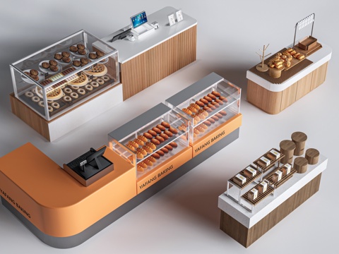 现代咖啡吧台 甜品店货架 收银台 服务台su模型