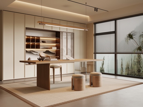 新中式书房 书柜 书桌椅su模型