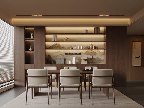 新中式餐厅 宋式餐厅 酒柜 餐边柜 餐桌椅su模型