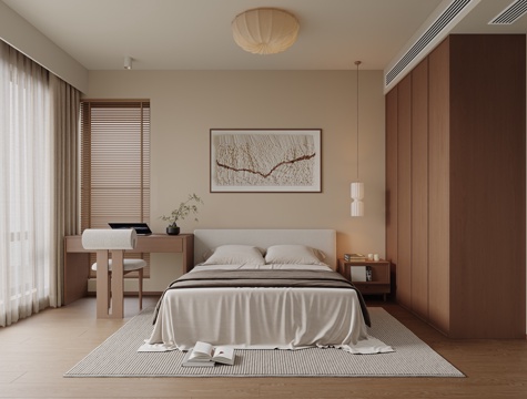  新中式卧室 宋式美学卧室 次卧室 布艺双人床 床头书桌椅3d模型 