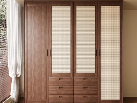  中古实木衣柜 藤编门衣柜3d模型 