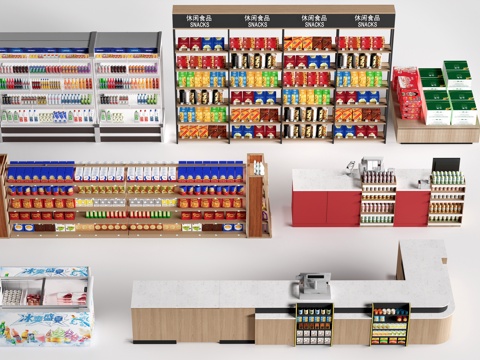 现代超市货架 零食店货架 置物架 文创展架su模型