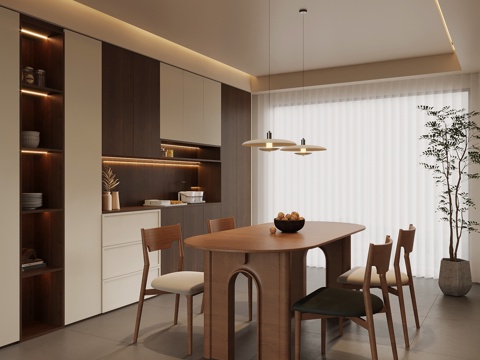 中古风餐厅 餐边柜 酒柜 餐桌椅su模型