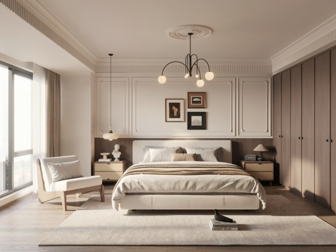 法式中古家居卧室_主卧_布艺双人床_中古风挂画_法式吊灯_中su模型