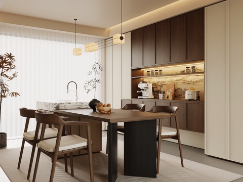  新中式餐厅 餐边柜 餐桌椅 吊灯3d模型 